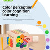A hand is sorting wooden colored shapes into a box, demonstrating color perception and cognition learning.