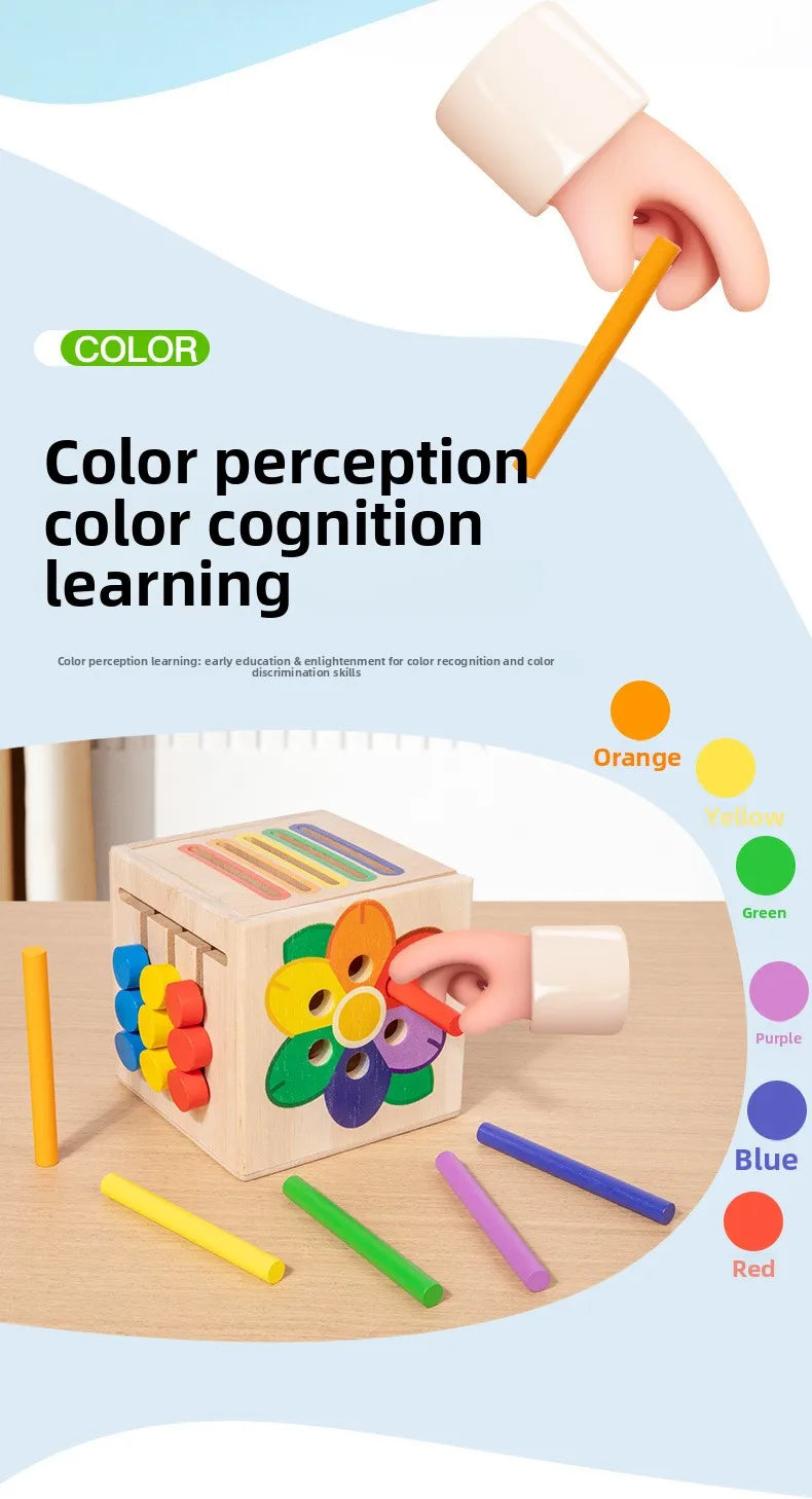 A hand is sorting wooden colored shapes into a box, demonstrating color perception and cognition learning.