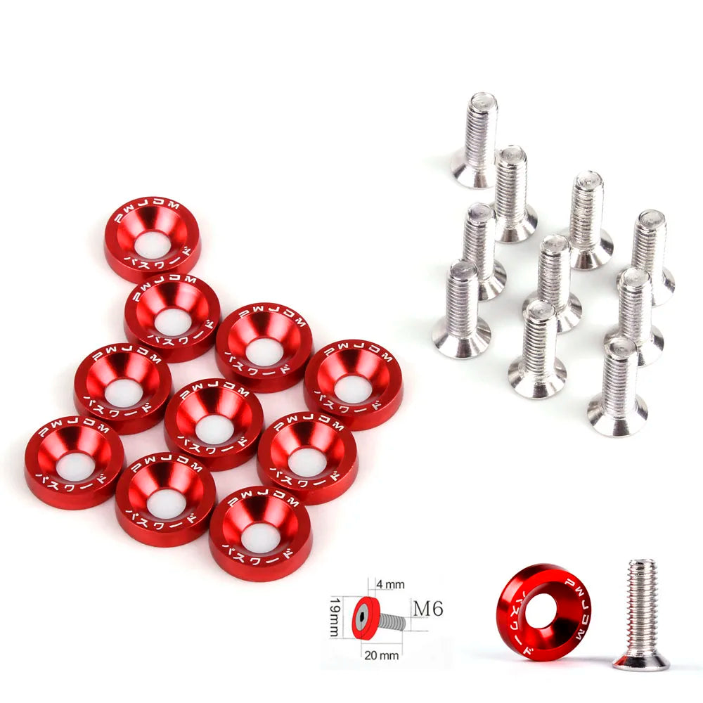 A set of red aluminum JDM fender washers and bolts with a corresponding M6 screw.