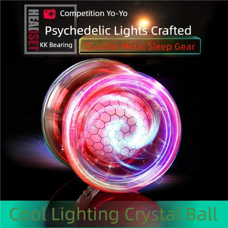 A close-up of a colorful crystal ball yo-yo spinning with bright psychedelic lights against a dark background.