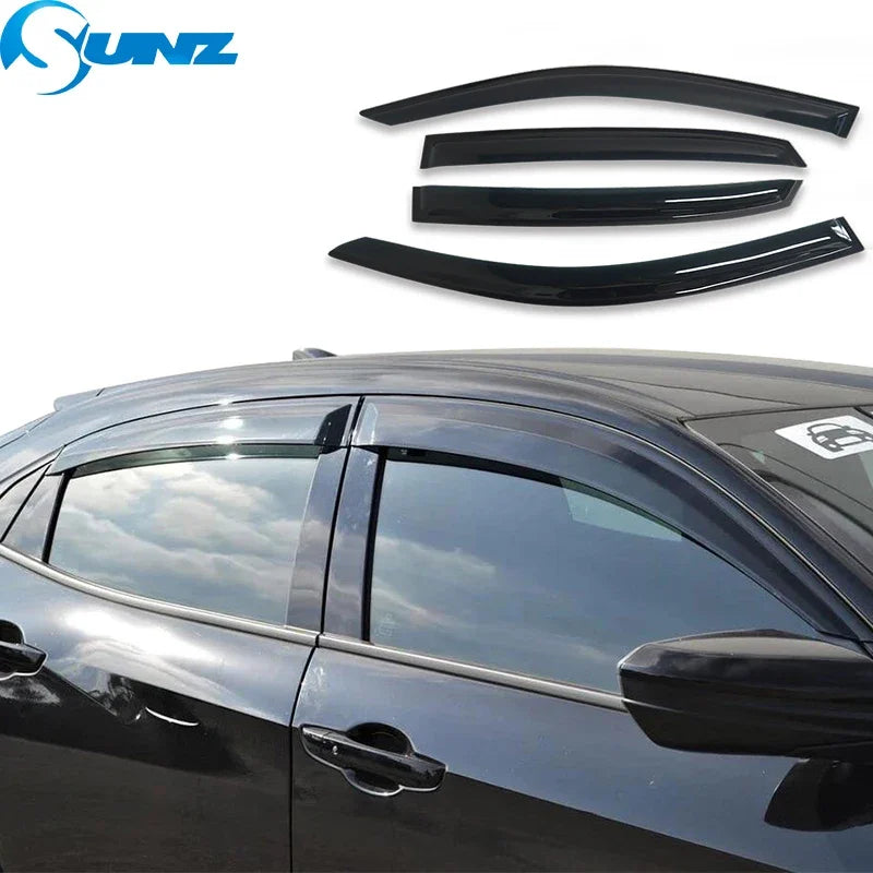 Matte black acrylic window deflectors installed on a Honda Civic hatchback.