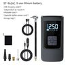 A black portable wireless tire inflator battery and accessories including a USB charging cable, air nozzle, and storage bag.