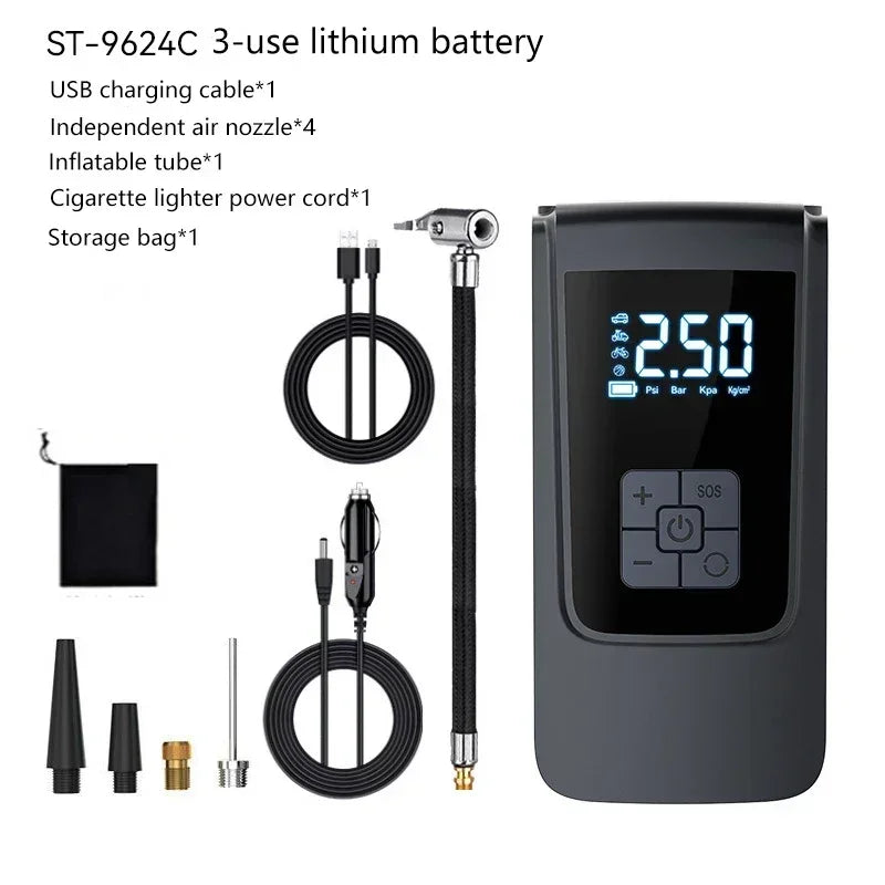 A black portable wireless tire inflator battery and accessories including a USB charging cable, air nozzle, and storage bag.