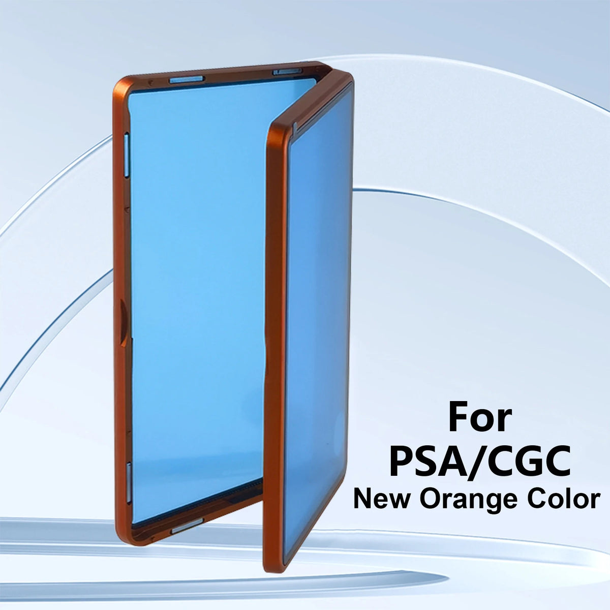 A new orange colored protective display case for PSA/CGC graded trading cards shown in a vertical view.