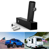 Black universal hitch mount flag pole holder for trucks, SUVs, and RVs shown with an example on a vehicle.