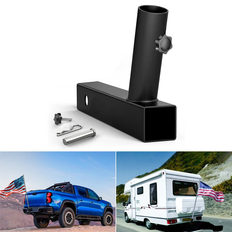 Black universal hitch mount flag pole holder for trucks, SUVs, and RVs shown with an example on a vehicle.