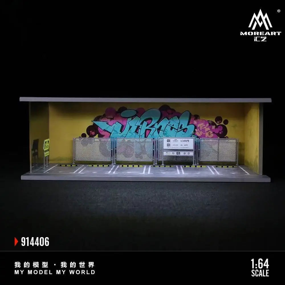 A 1:64 scale miniature garage diorama kit featuring a track and lighting setup.