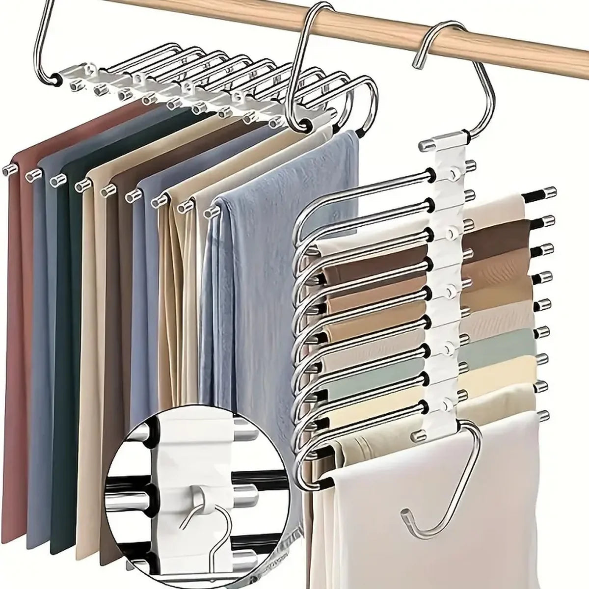 A display of 9-layer non-slip stainless steel pants hangers in various neutral and muted colors.