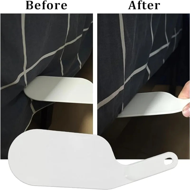 Comparison showing a bed sheet tucking tool before and after use on a dark fabric.