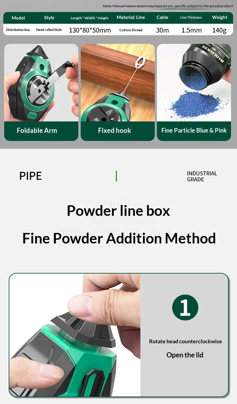 Chalk Line Reel with Quick Retraction for Precise Marking