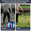 Before and after comparison showing the ergonomic trimmer grip relieving back stress and keeping arms straight.
