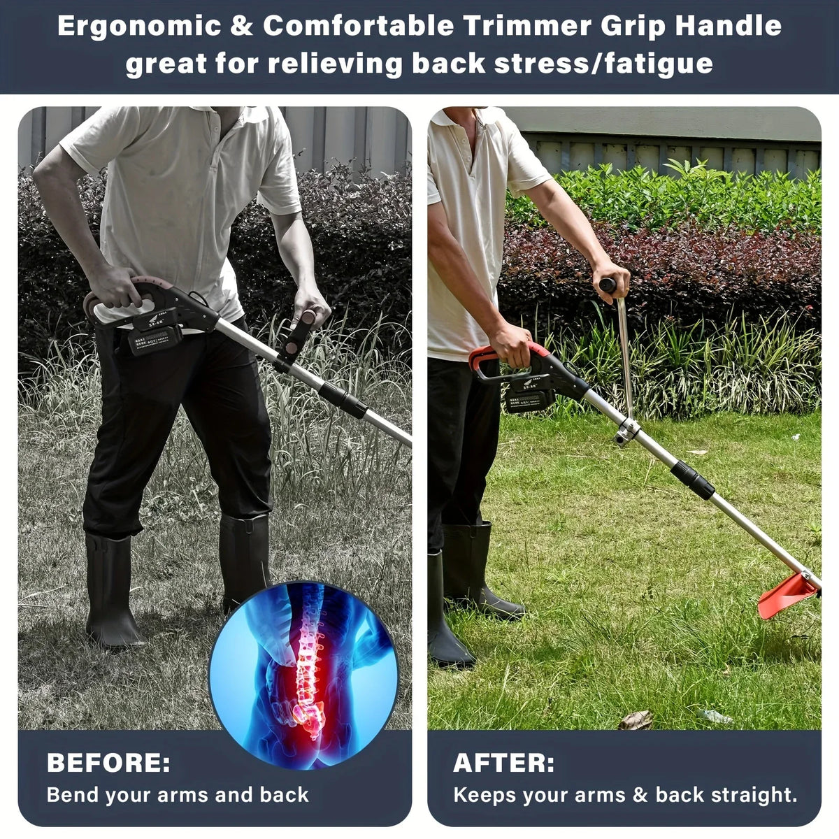 Before and after comparison showing the ergonomic trimmer grip relieving back stress and keeping arms straight.