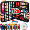A portable multi-function sewing kit is shown open, displaying various colors of threads, needles, and tools.