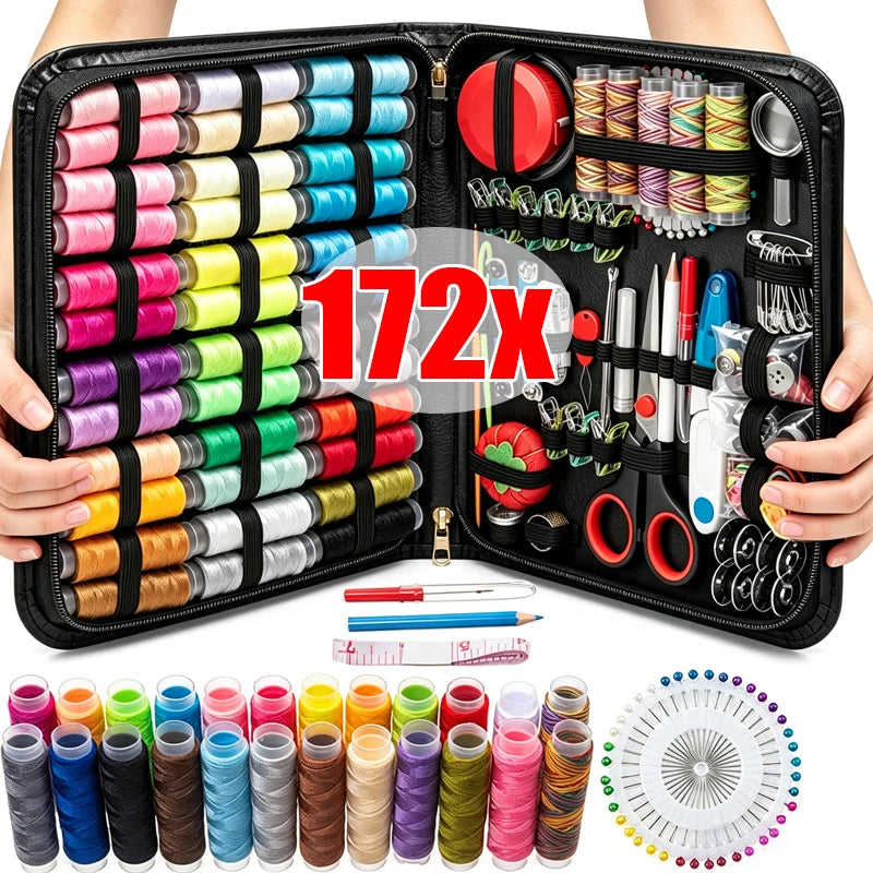 A portable multi-function sewing kit is shown open, displaying various colors of threads, needles, and tools.