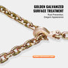 Close-up of a golden galvanized surface treatment on heavy-duty binder chains with clevis hooks.
