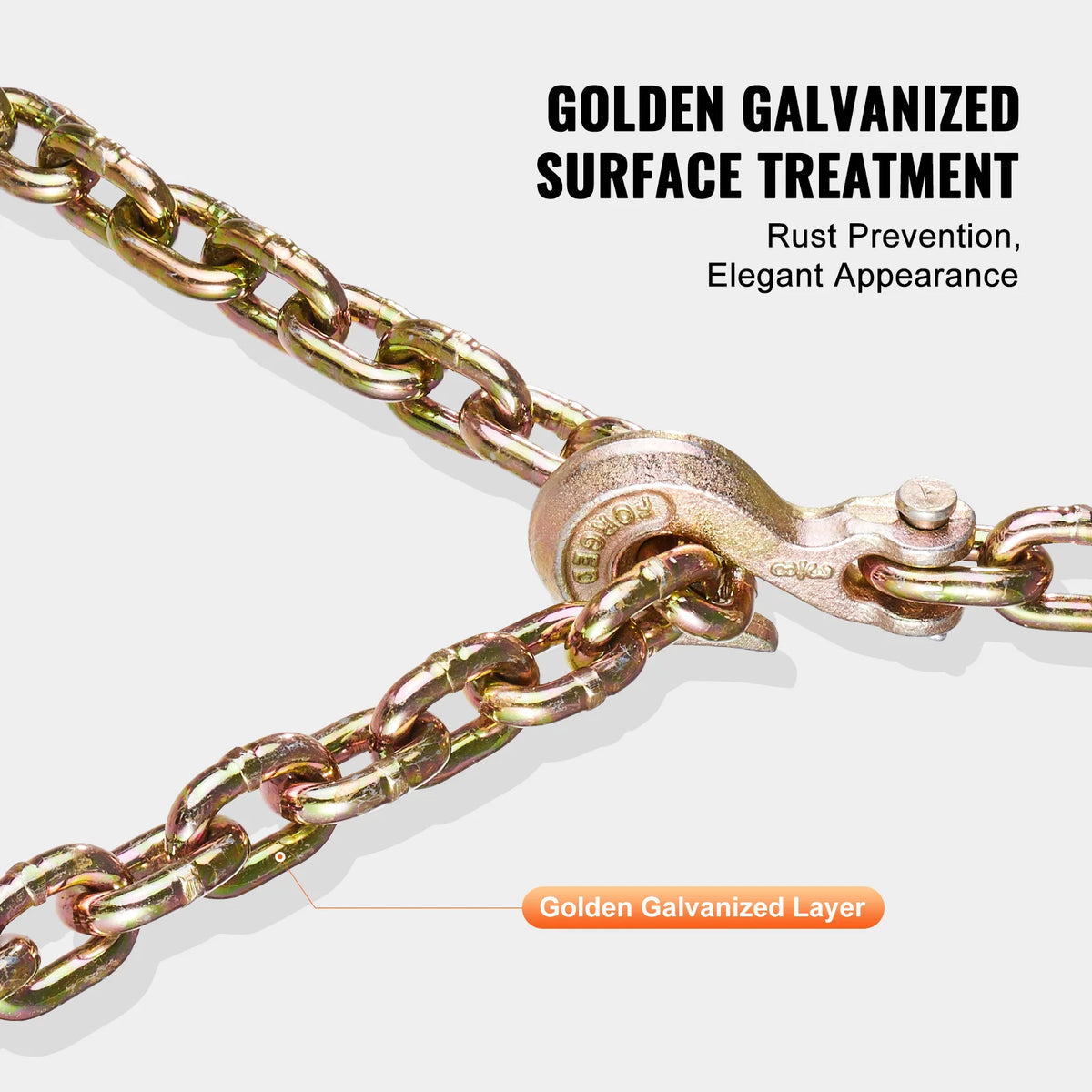 Close-up of a golden galvanized surface treatment on heavy-duty binder chains with clevis hooks.