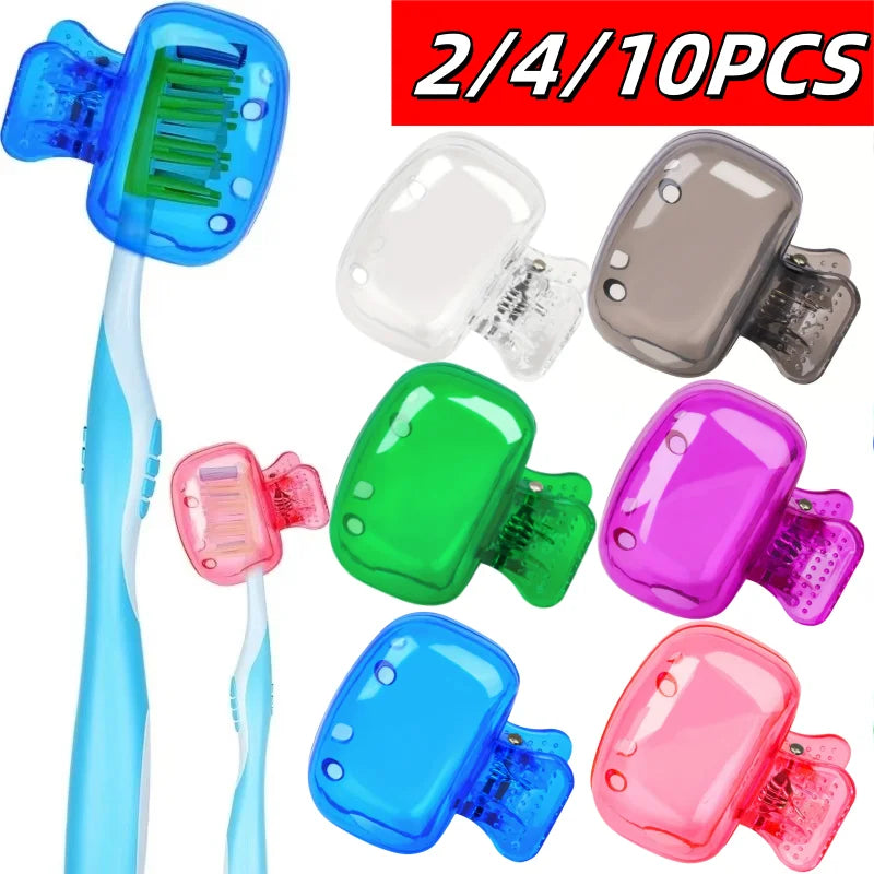 A set of 10 portable toothbrush head covers in various colors and shapes with clips.