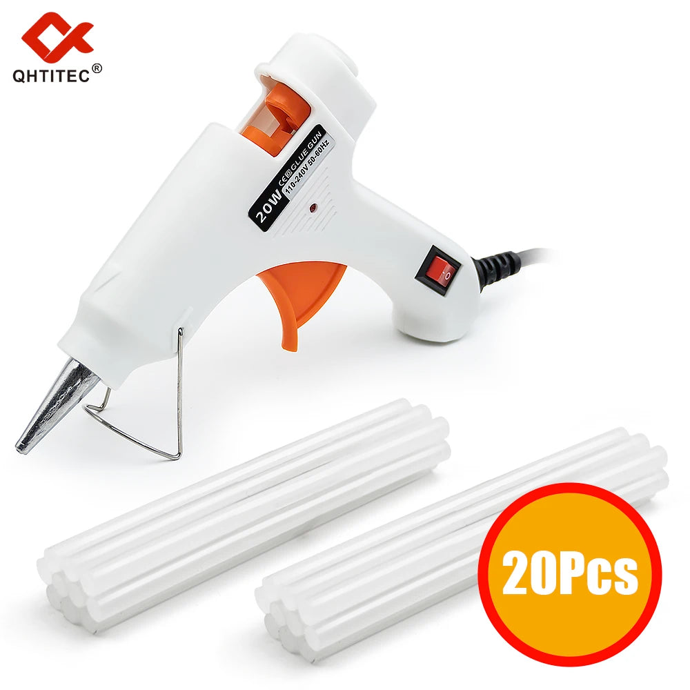 A white hot melt glue gun and twenty white glue sticks are shown on a white background.