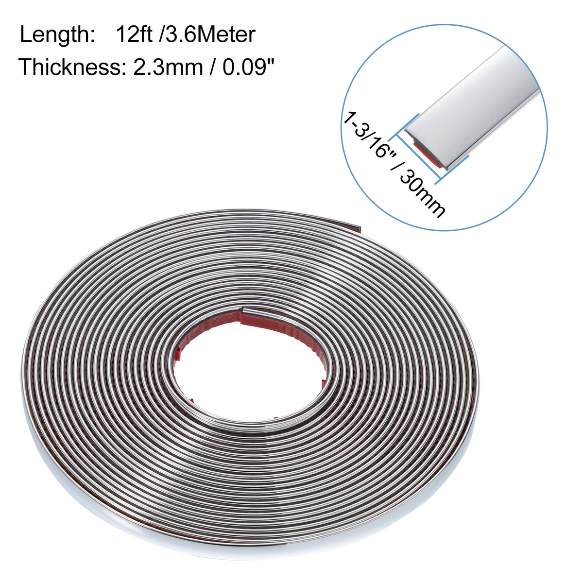 A coil of chrome car door edge guard trim strip with dimensions 1-3/16 inches long and 2.3mm thick.