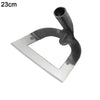 A black, rectangular hand tool with a curved handle and a hollow end, used for weeding.
