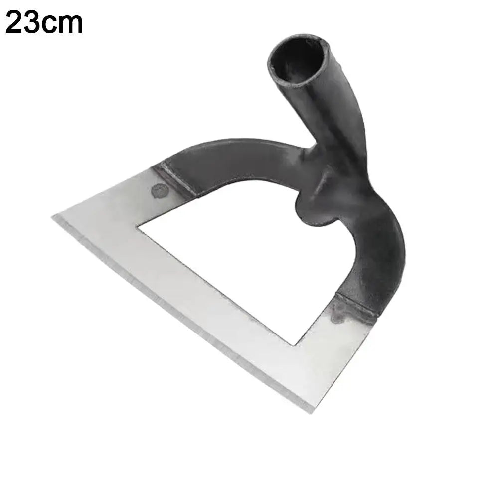 A black, rectangular hand tool with a curved handle and a hollow end, used for weeding.