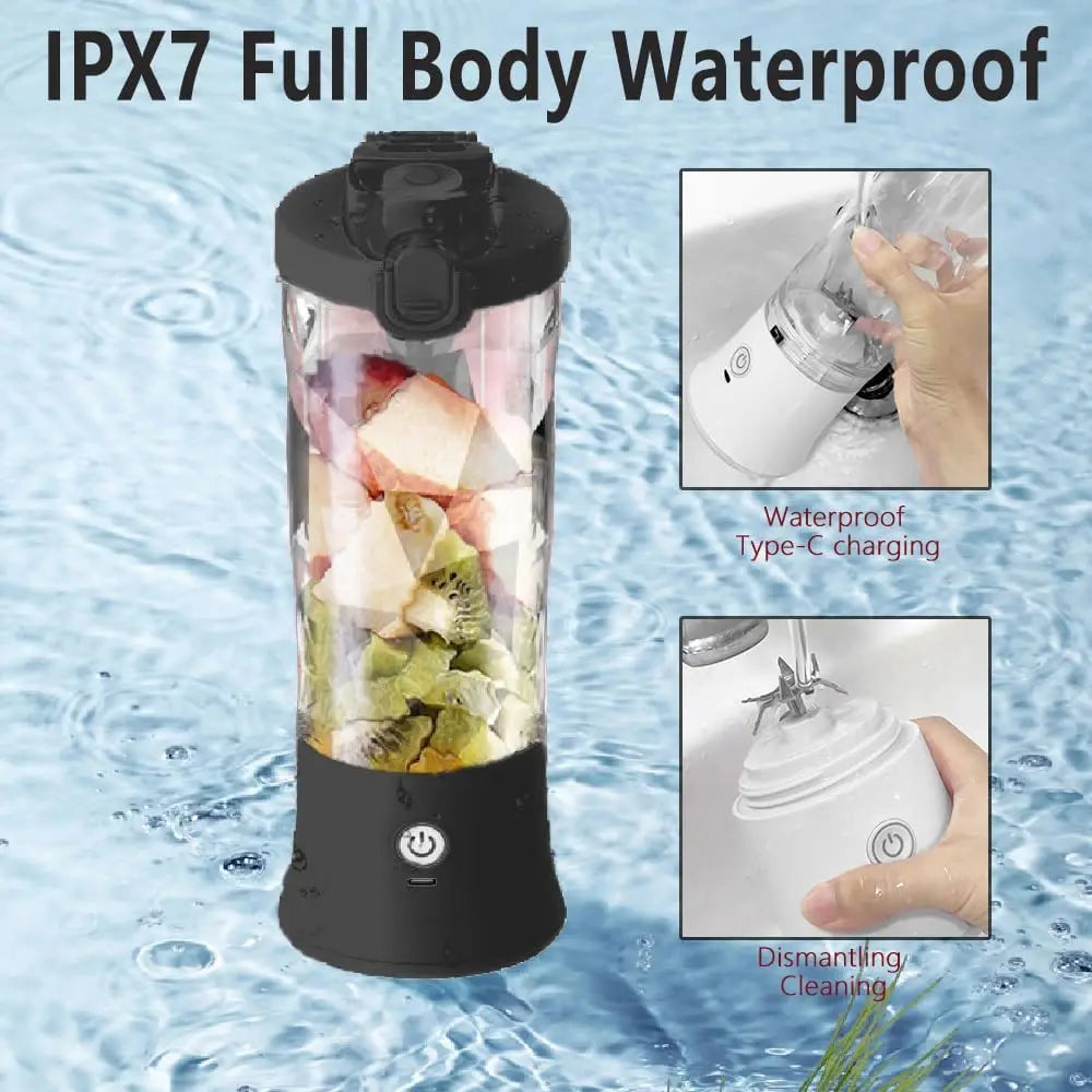 A black portable blender cup demonstrating IPX7 waterproof features, including Type-C charging and easy cleaning.