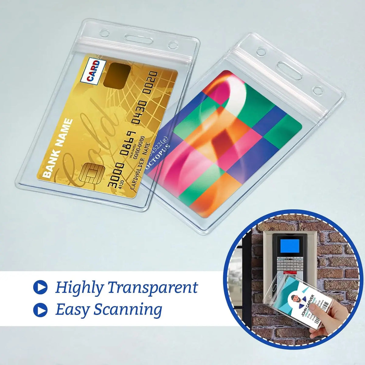 Clear waterproof ID card holder with a lanyard slot showing a yellow card inside