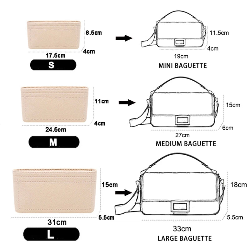 A set of three felt bag organizers in sizes S, M, and L, showing their dimensions and folded forms.
