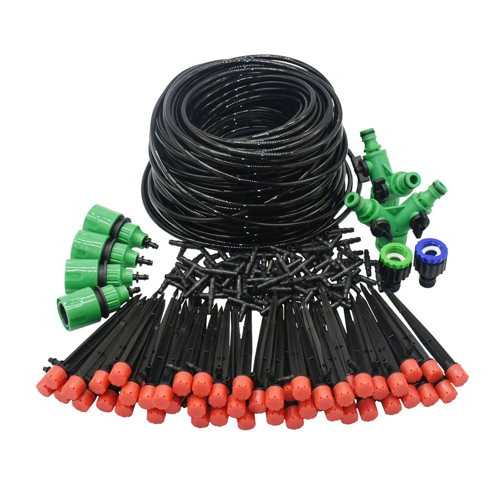 Black silicone drip irrigation kit with adjustable drippers and orange emitters