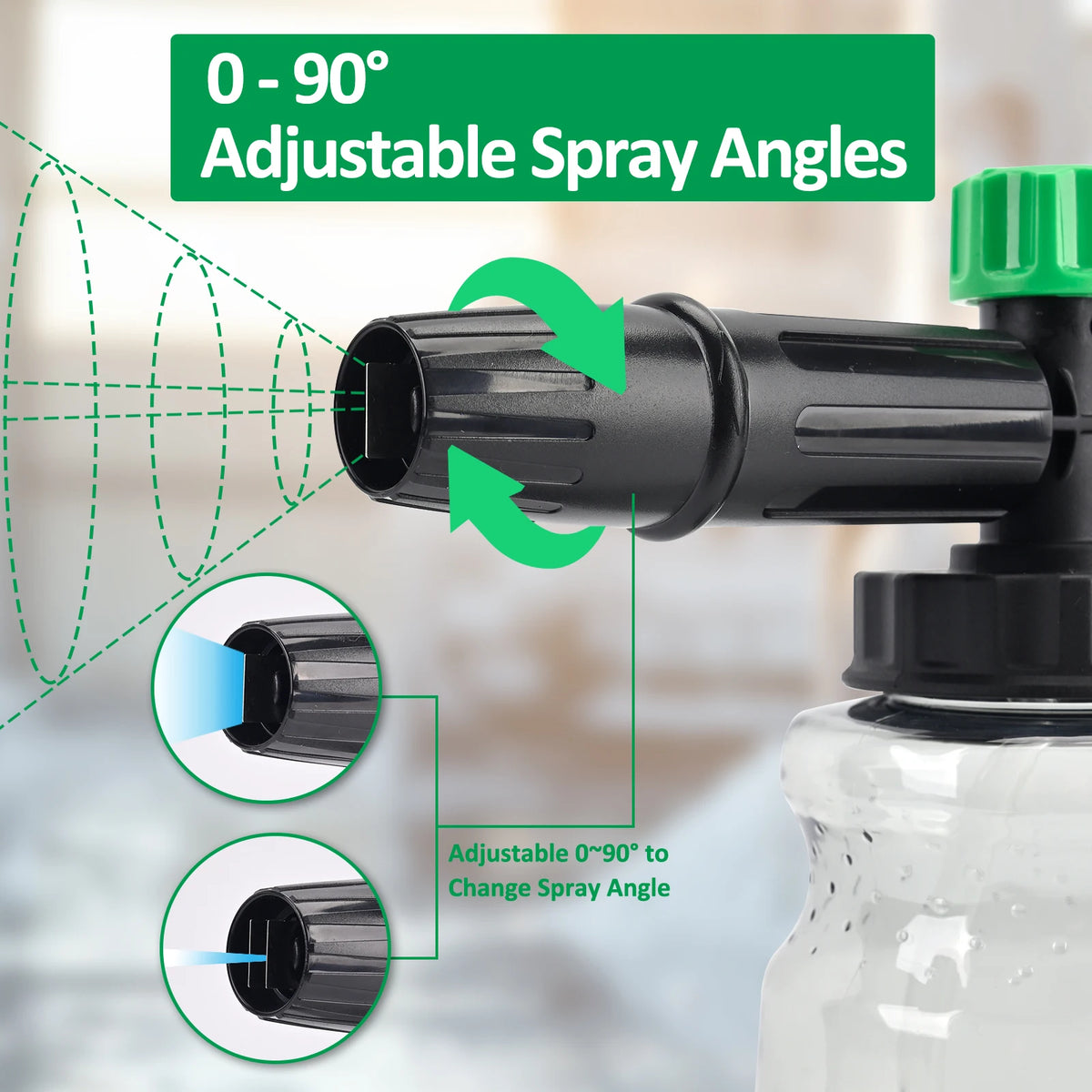 A pressure washer foam cannon with adjustable spray angles is shown, demonstrating 0-90 degree adjustability.
