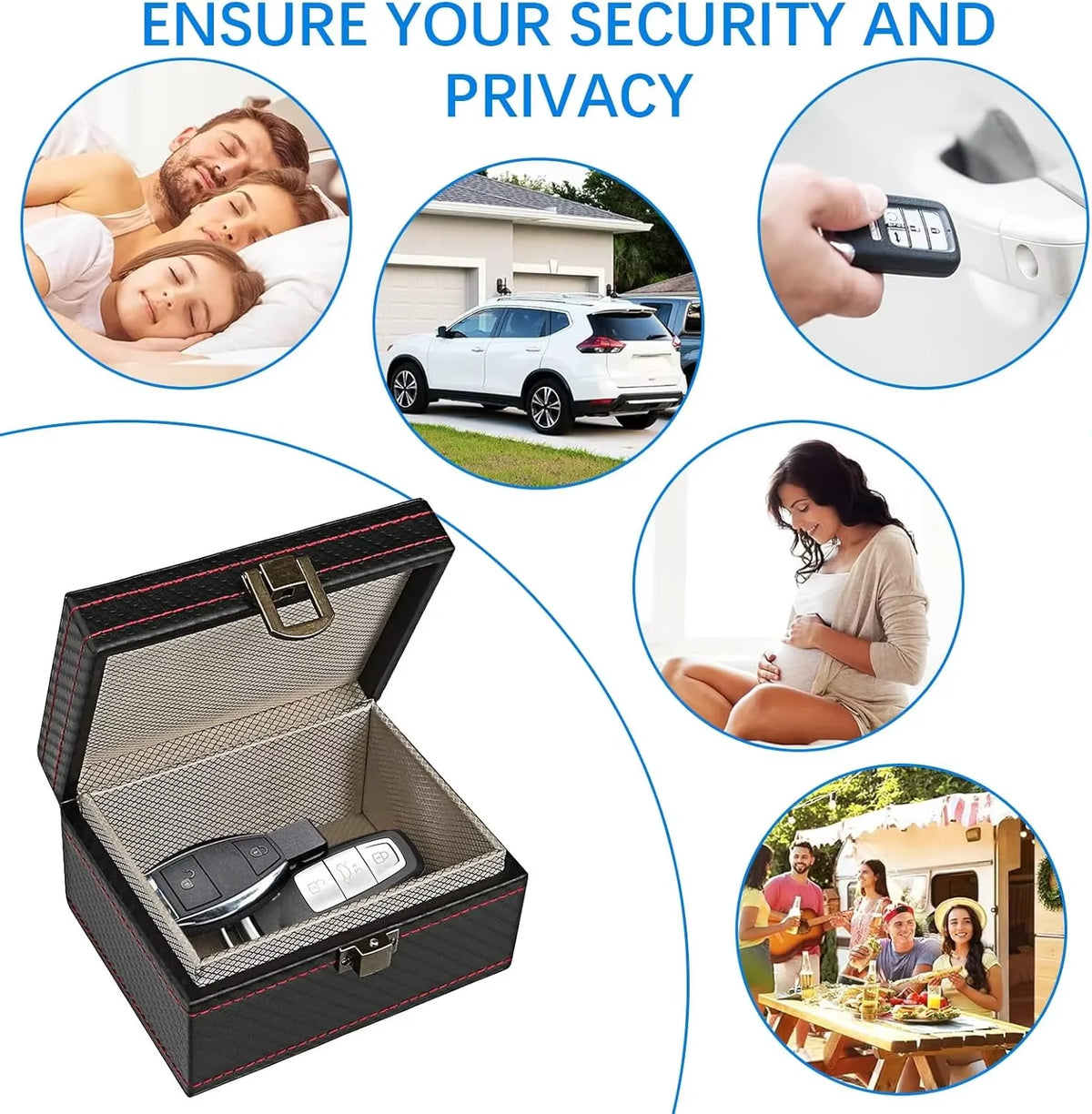 A carbon fiber box designed to secure key fobs and phones, shown alongside security and privacy concepts.