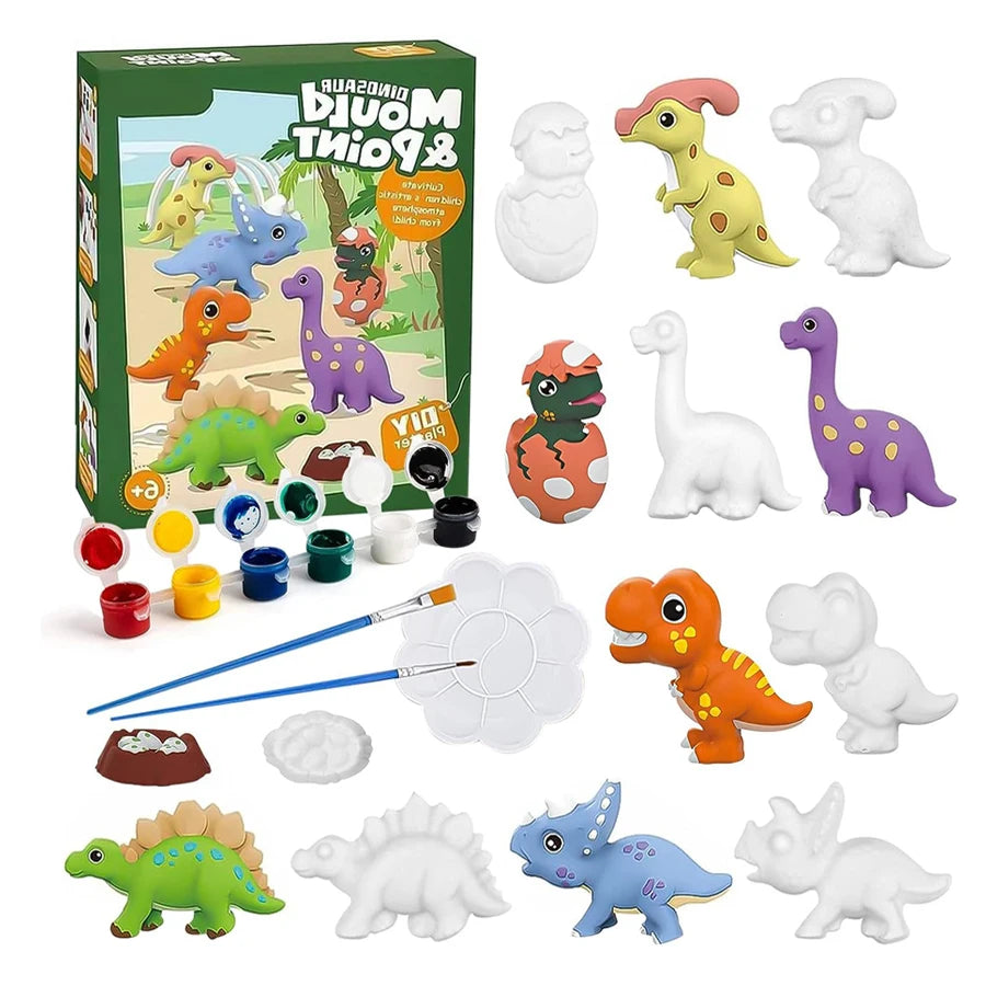 Boîte de kit de peinture DIY espace et dinosaures pour enfants avec diverses figurines en plastique.