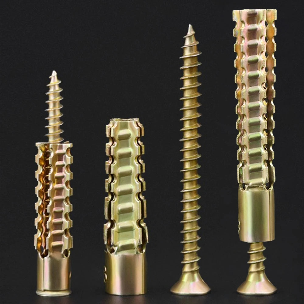 A set of heavy duty steel wall anchors shown in various forms and sizes.