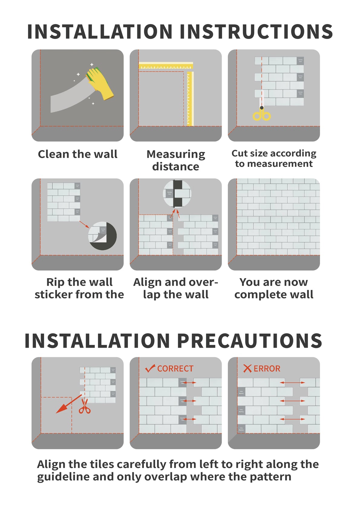 Installation instructions for applying wood grain peel and stick backsplash tiles to a wall.