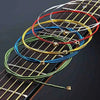 A close-up view of six color-coded acoustic guitar strings laid out on a wooden fretboard.