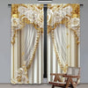 A pair of luxurious white and gold light-filtering curtains featuring baroque floral designs and draped fabric.