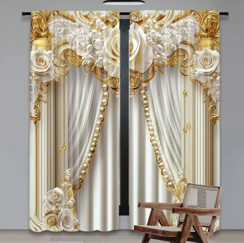 A pair of luxurious white and gold light-filtering curtains featuring baroque floral designs and draped fabric.