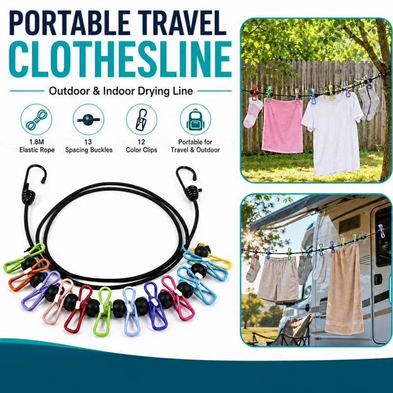Portable travel clothesline with elastic rope and 12 color clips for outdoor and indoor drying
