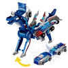 A blue and silver transforming unicorn car toy in mid-flight with magnetic collision features.