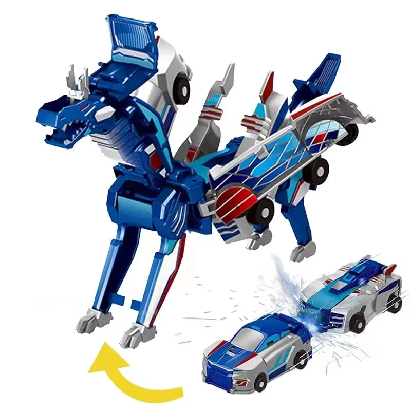 A blue and silver transforming unicorn car toy in mid-flight with magnetic collision features.