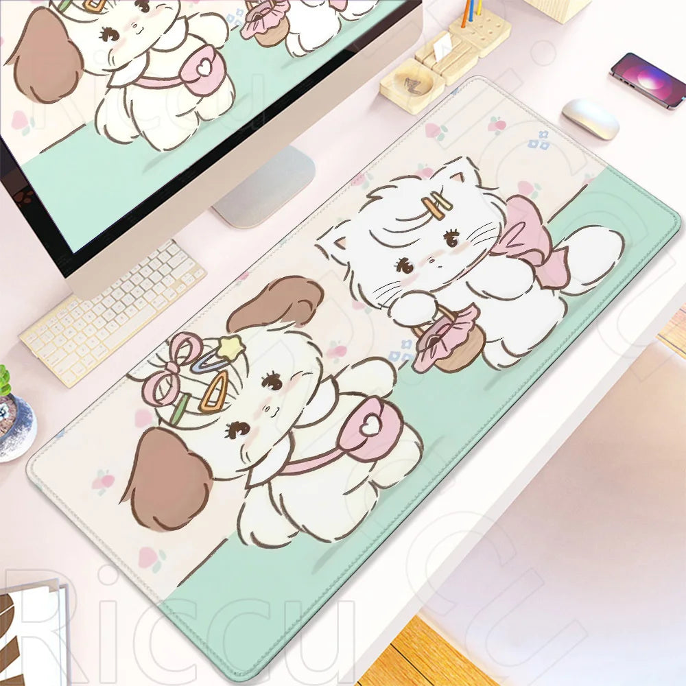 Kawaii cartoon cat desk mat featuring cute white cats on a light green background with a non-slip rubber base