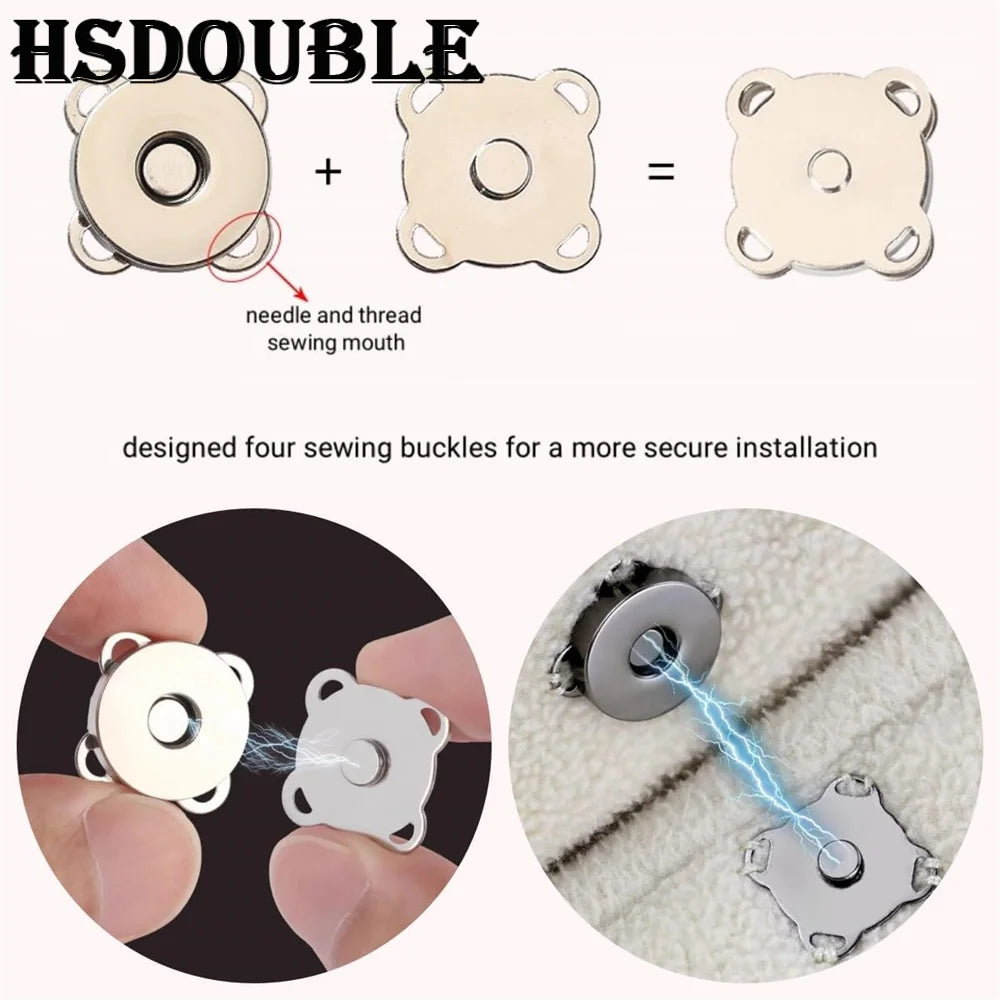 Diagram showing how to assemble an HSDOUBLE magnetic snap fastener using a needle and thread.