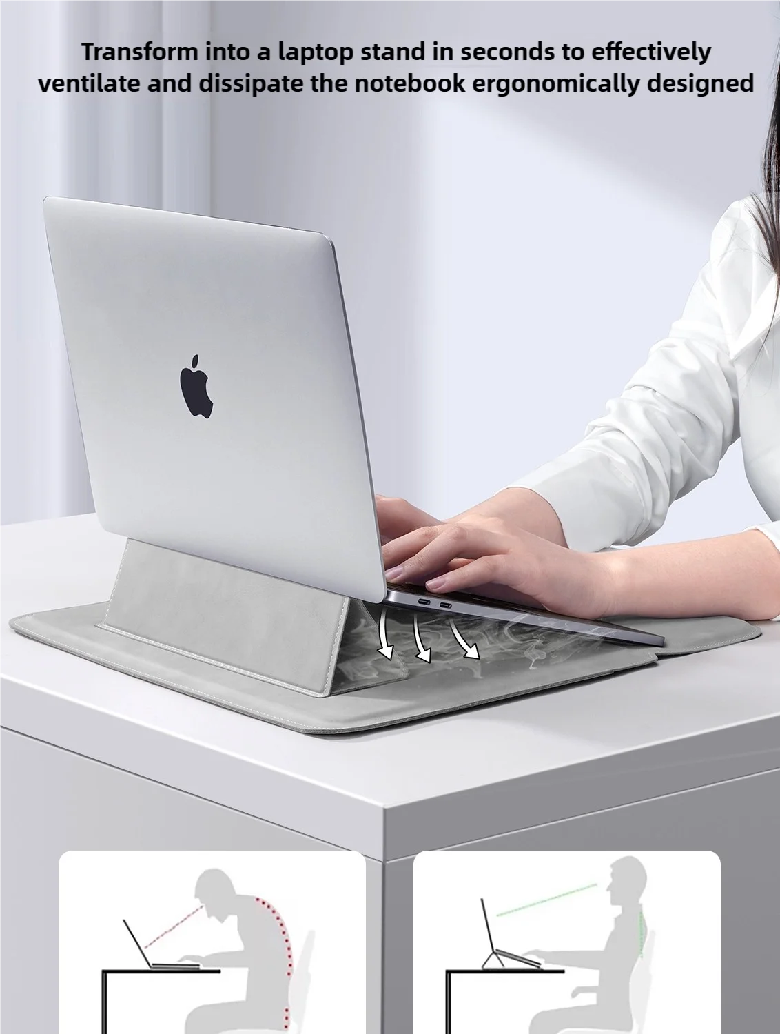 A laptop is placed on a slim sleeve case designed to transform it into a stand for ventilation and dissipation.