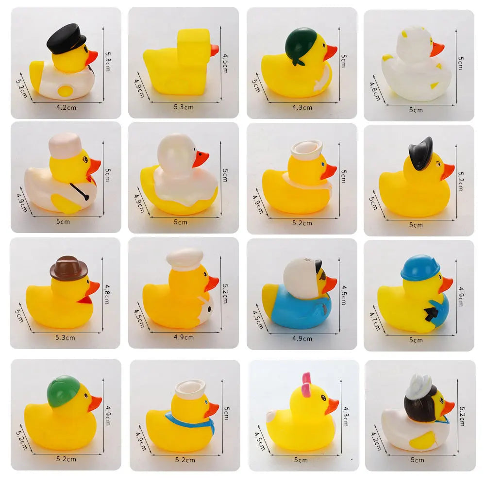 A collection of yellow and white rubber duck bath toys for kids in various colors and sizes.