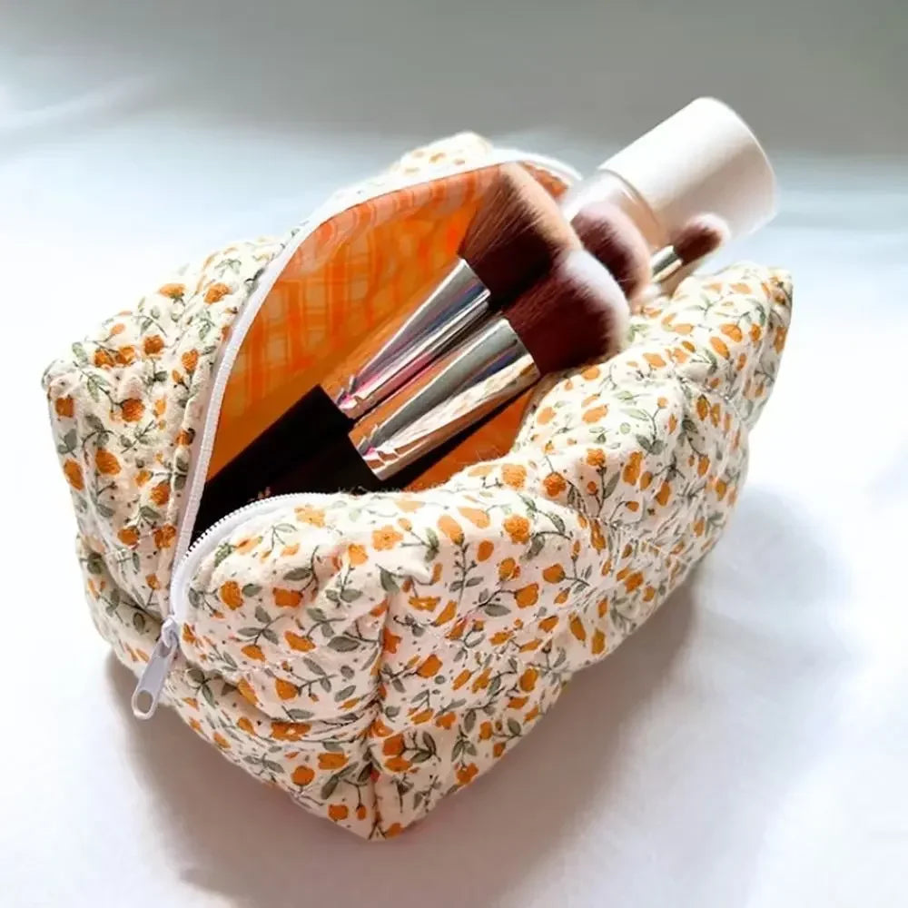Quilted Floral Makeup Bag with Zipper Closure
