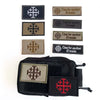 A collection of embroidered tactical patches featuring the Knights Templar cross design on various colored fabric backgrounds