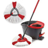 A white and red triangle-shaped rotating spin mop head replacement with a black ring and a long red handle.