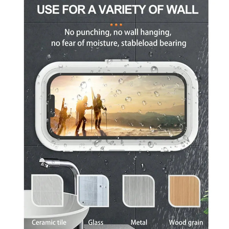 A white waterproof phone holder is shown mounted on a dark wall, demonstrating its use for various wall installations.