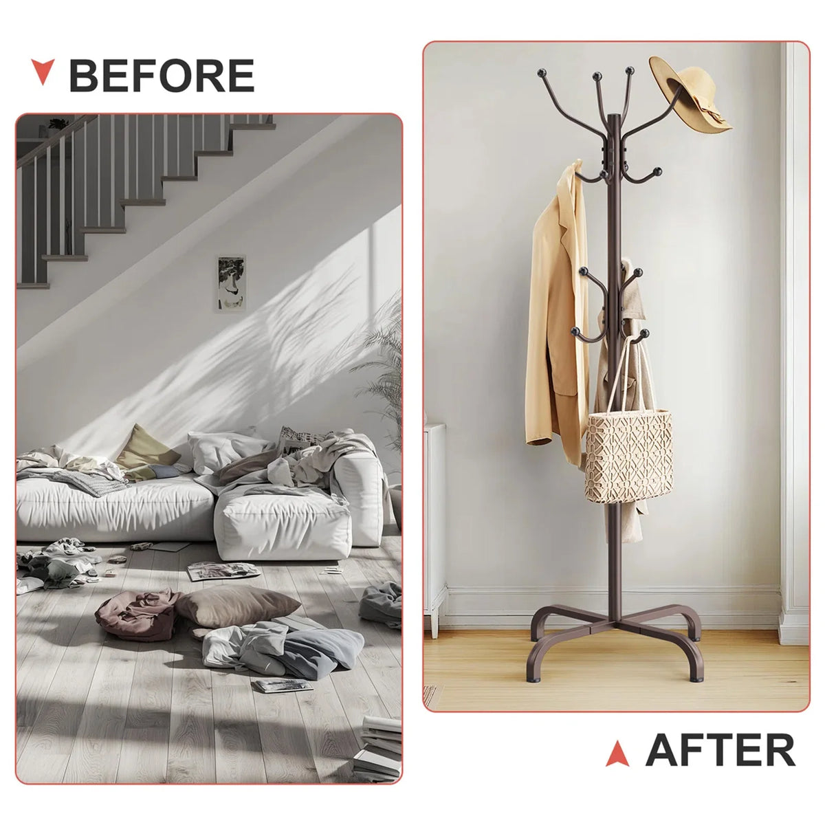Before and after comparison of a freestanding metal coat rack for entryway and bedroom
