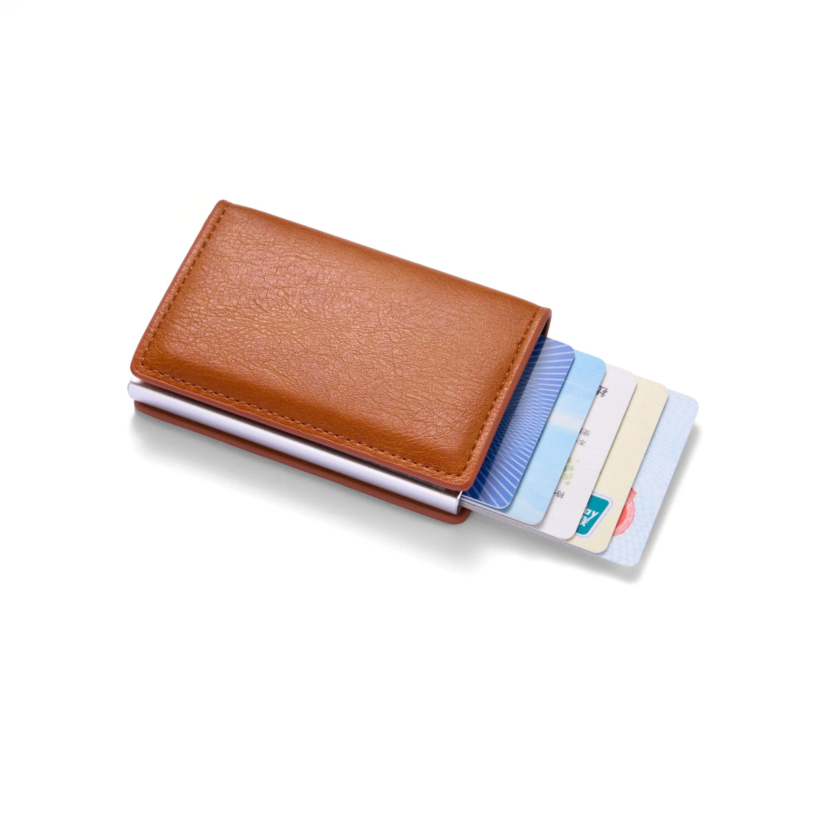 A brown leather card holder with several credit cards inside.